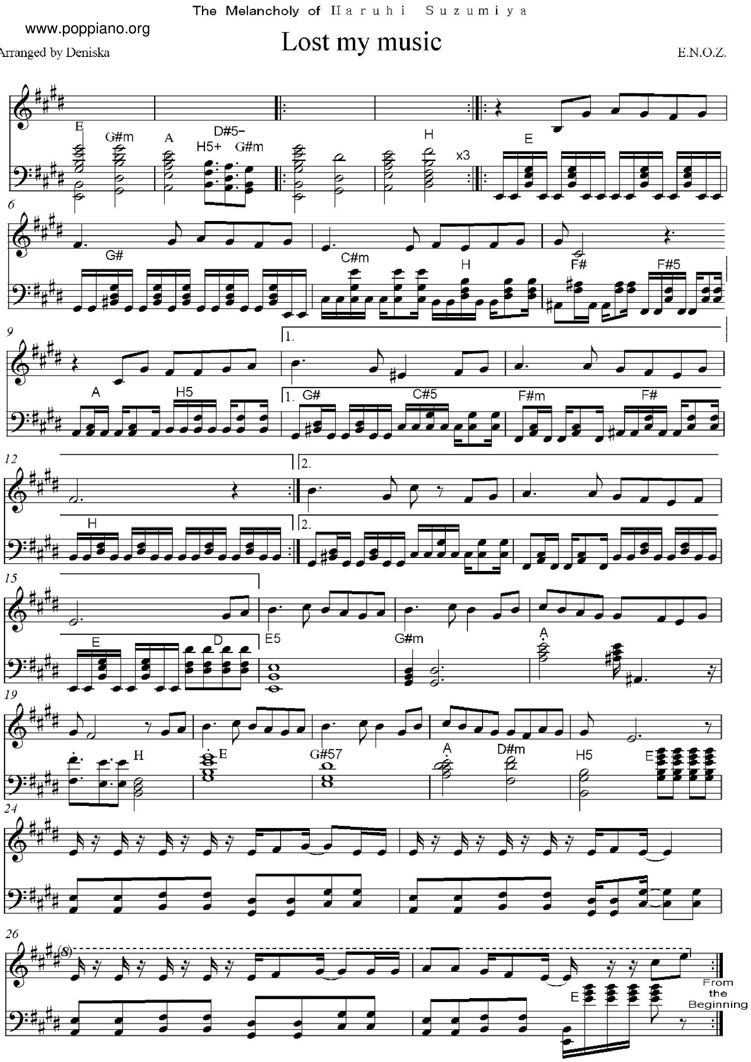 Haruhi SuzumiyaLost My Music Sheet Music pdf, Free Score Download ★