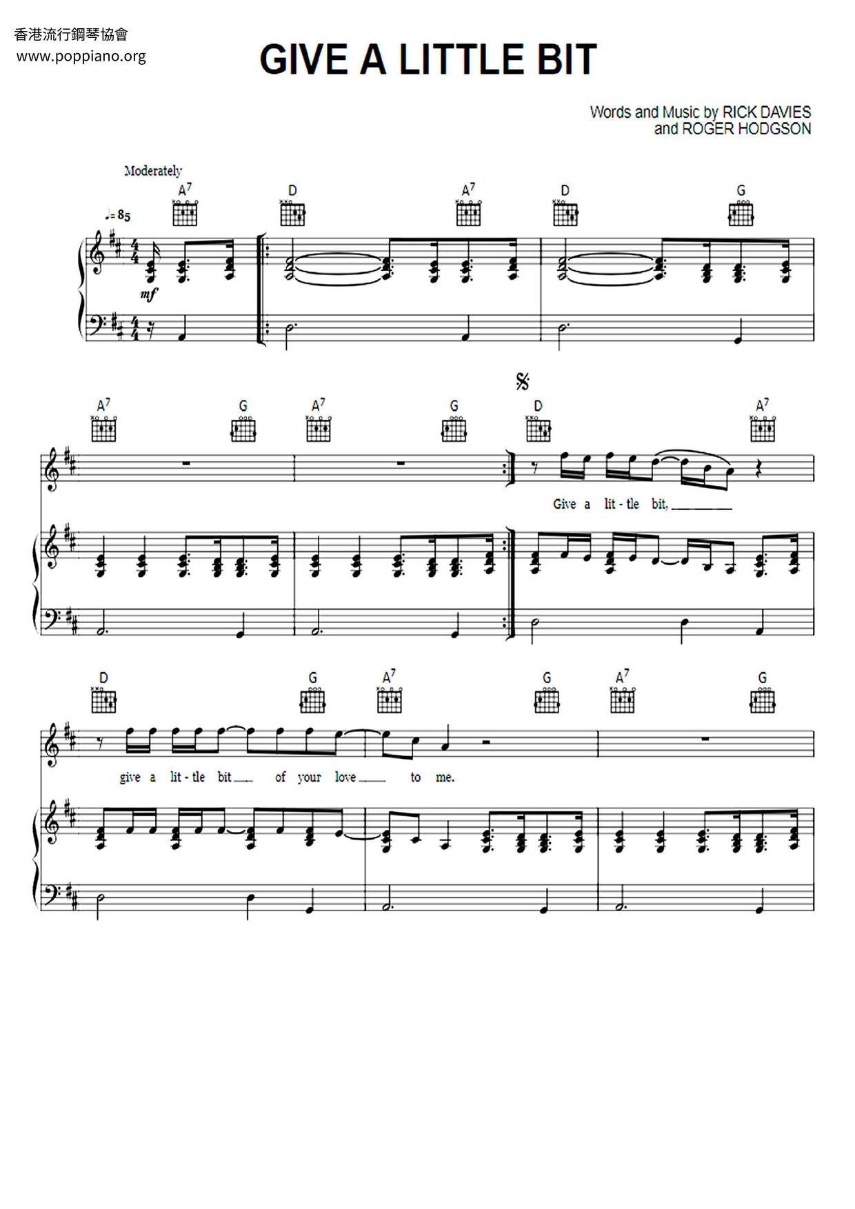 Supertramp give a little bit sheet music pdf free score download 