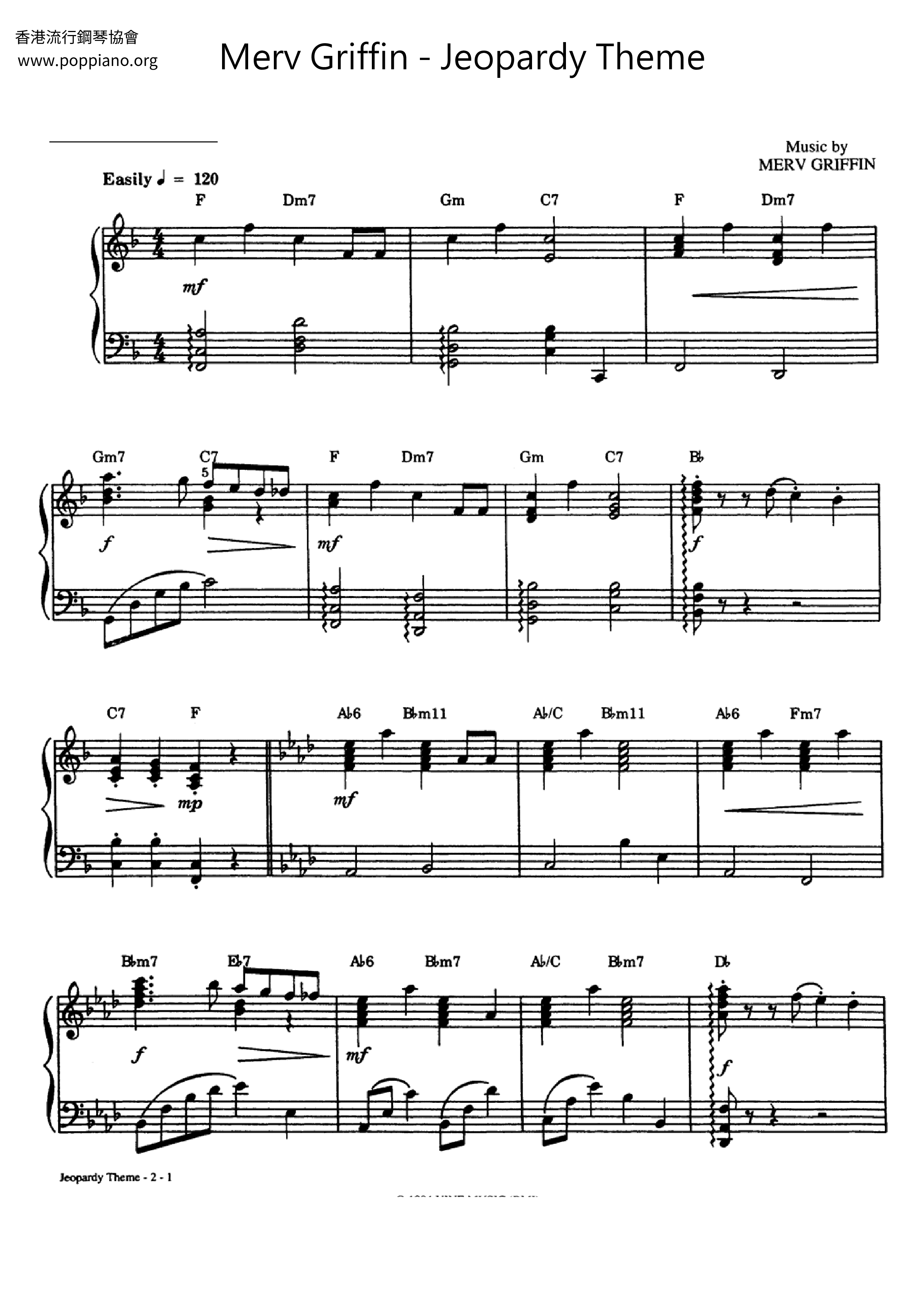 Merv griffin jeopardy theme sheet music pdf free score download 