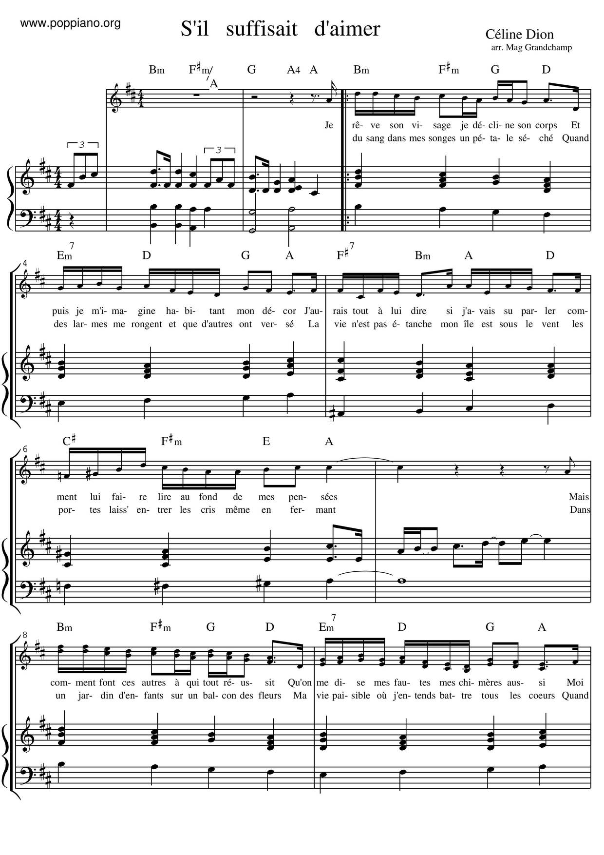 Pour Que Tu M Aimes Encore Chords ☆ Celine Dion-S'Il Suffisait D'Aimer Sheet Music pdf, - Free Score Download  ☆