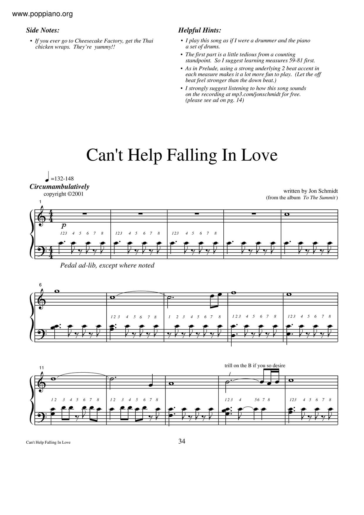 ★Jon Schmidt Can't Help Falling In Love ピアノ譜pdf 香港ポップピアノ協会 無料PDF楽譜