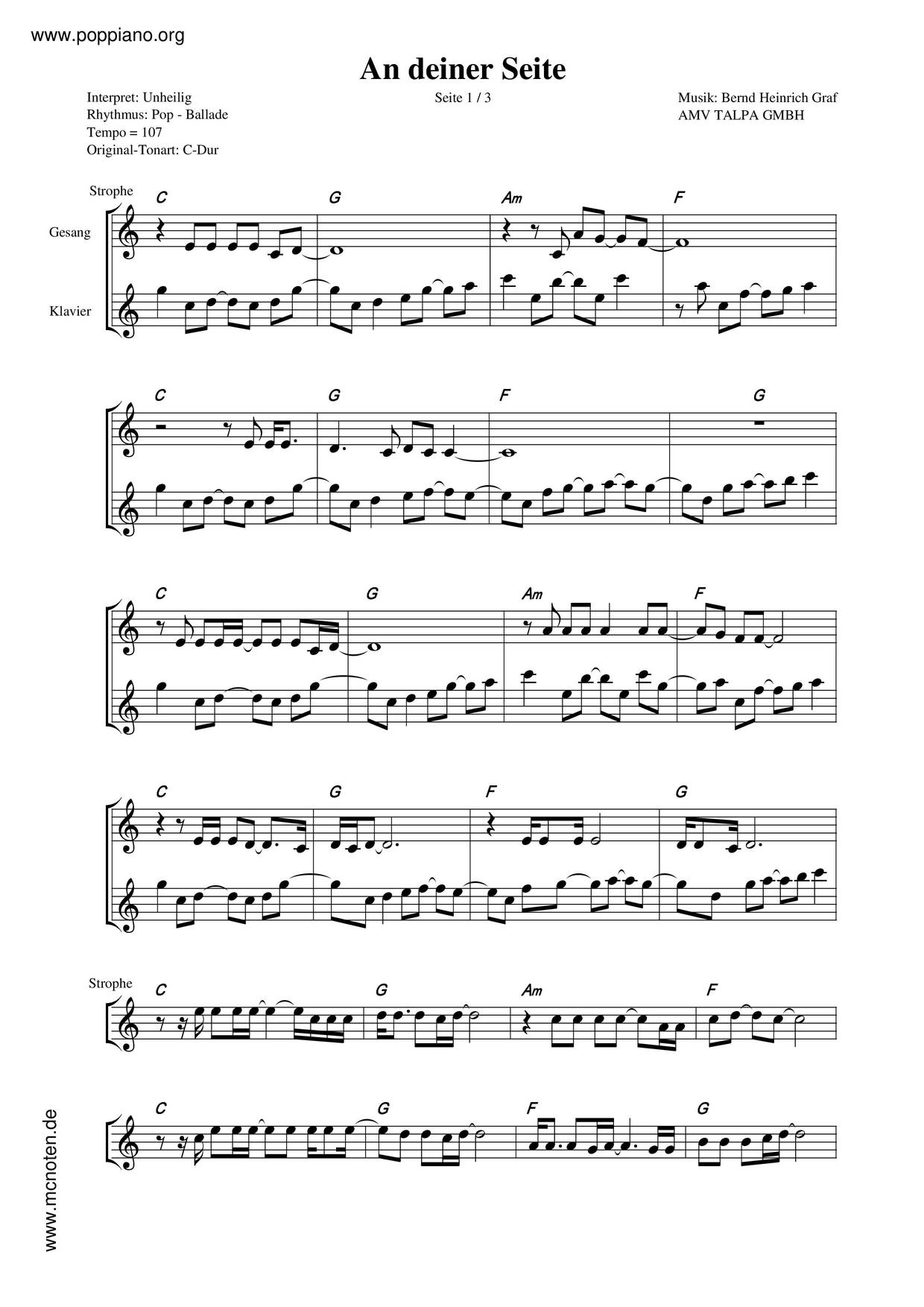 UnheiligAn Deiner Seite 琴谱/五线谱pdf香港流行钢琴协会琴谱下载 ★