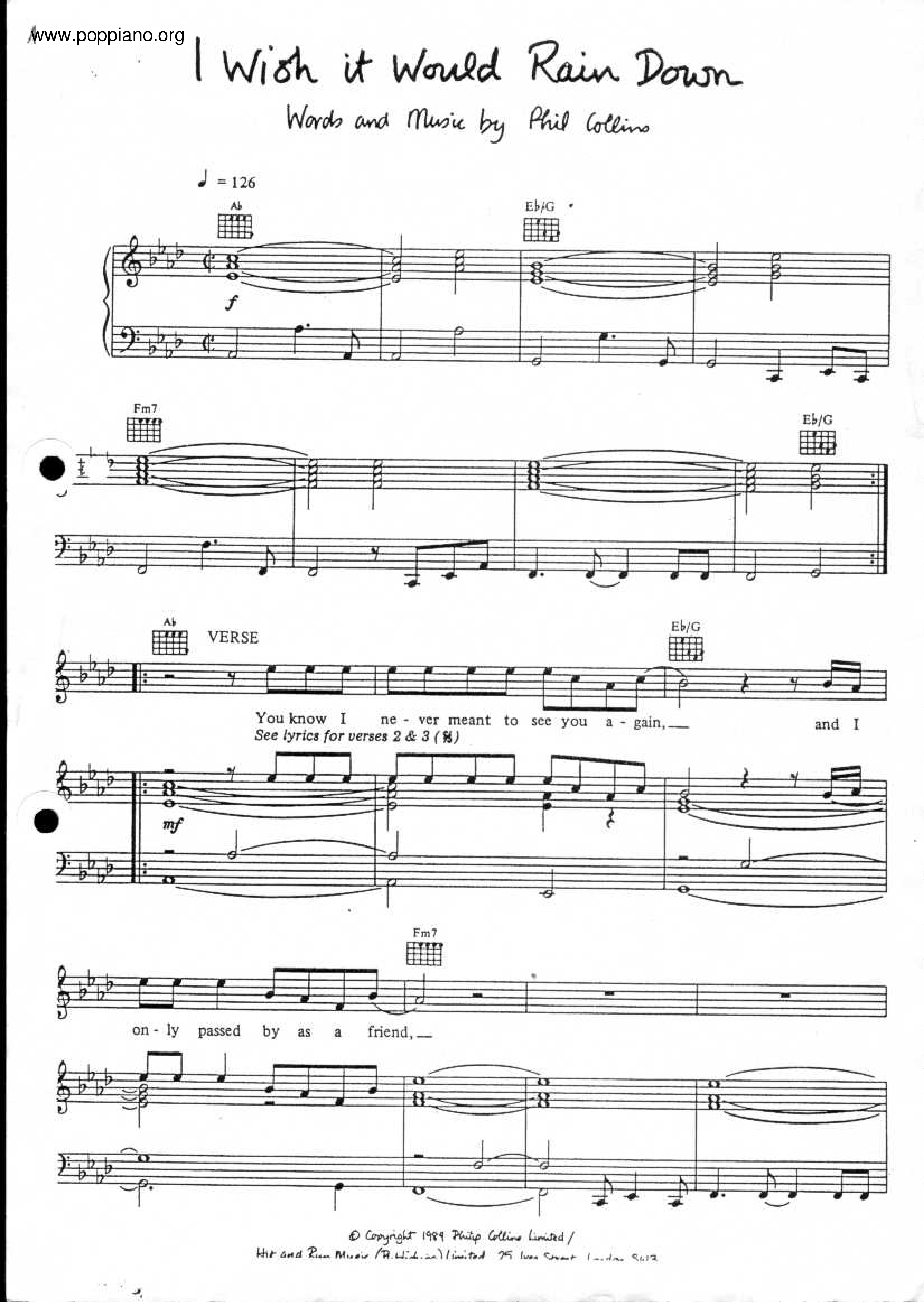 Phil CollinsI Wish It Would Rain Down Sheet Music pdf, Free Score