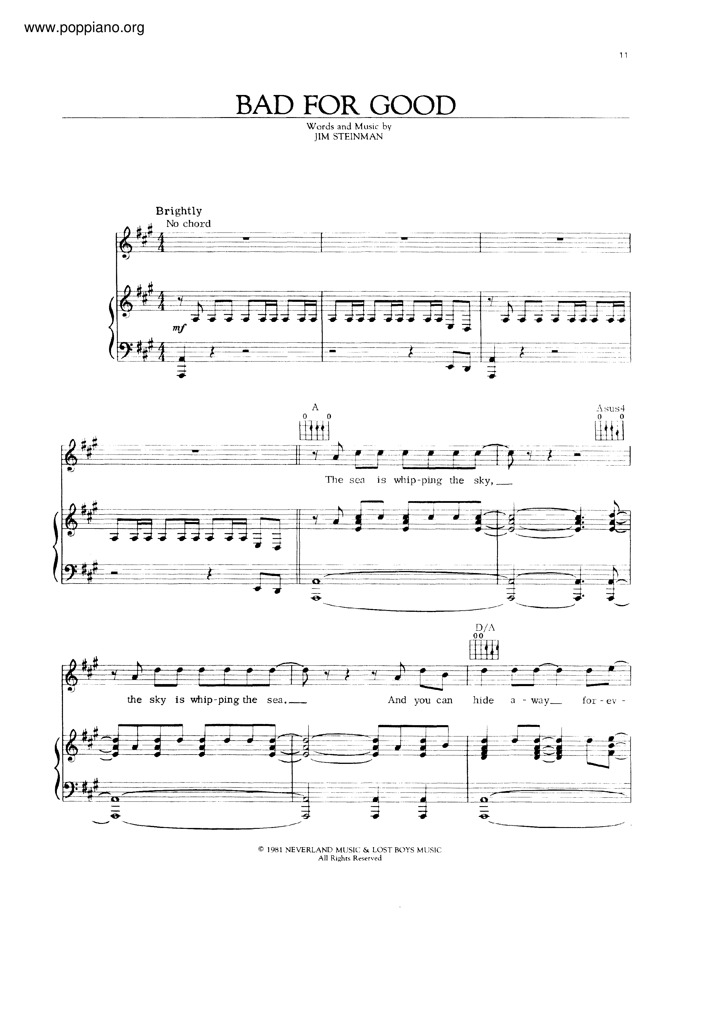 Meat LoafBad For Good Sheet Music pdf, Free Score Download ★