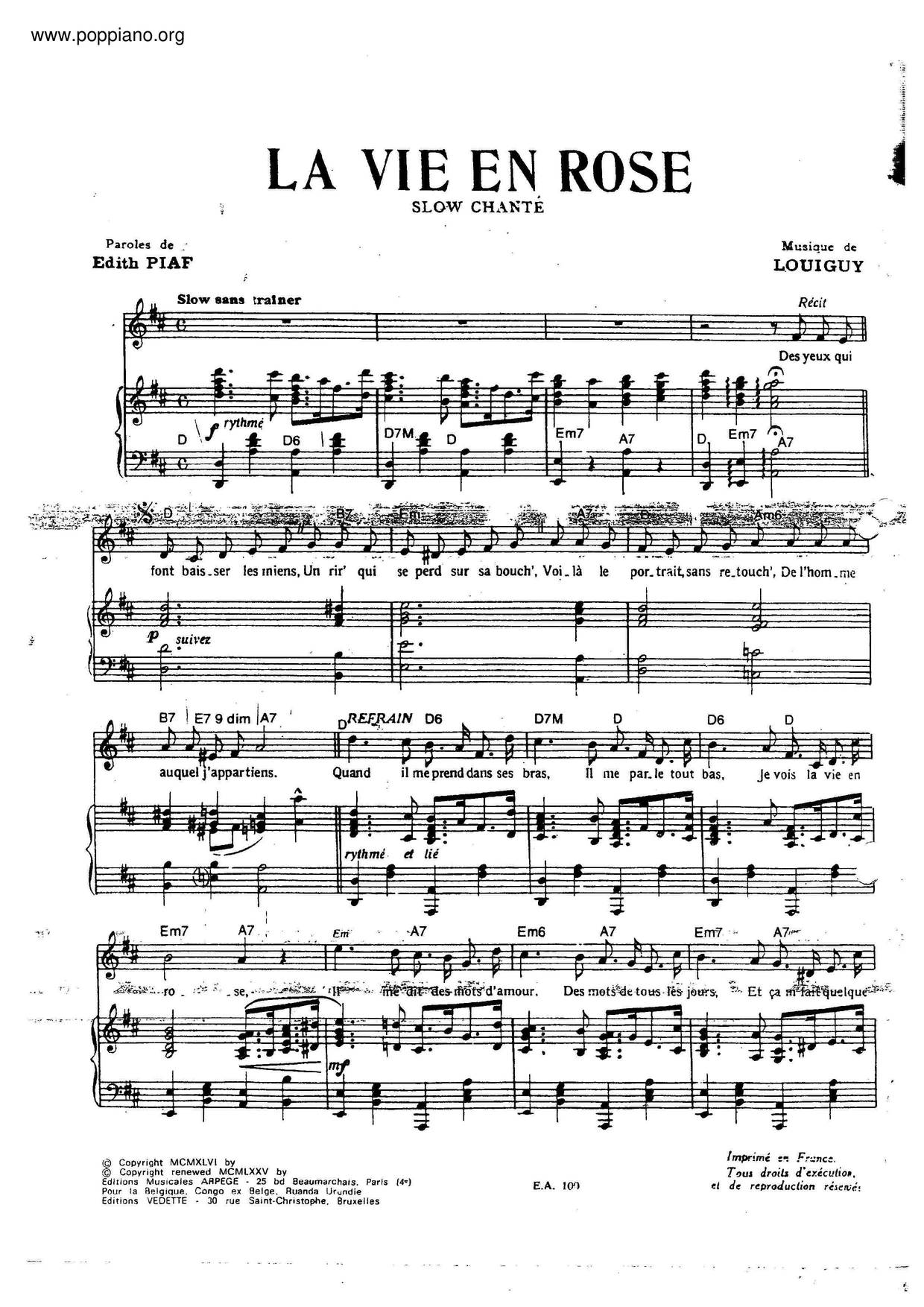 Edith PiafLa Vie En Rose Sheet Music pdf, Free Score Download ★