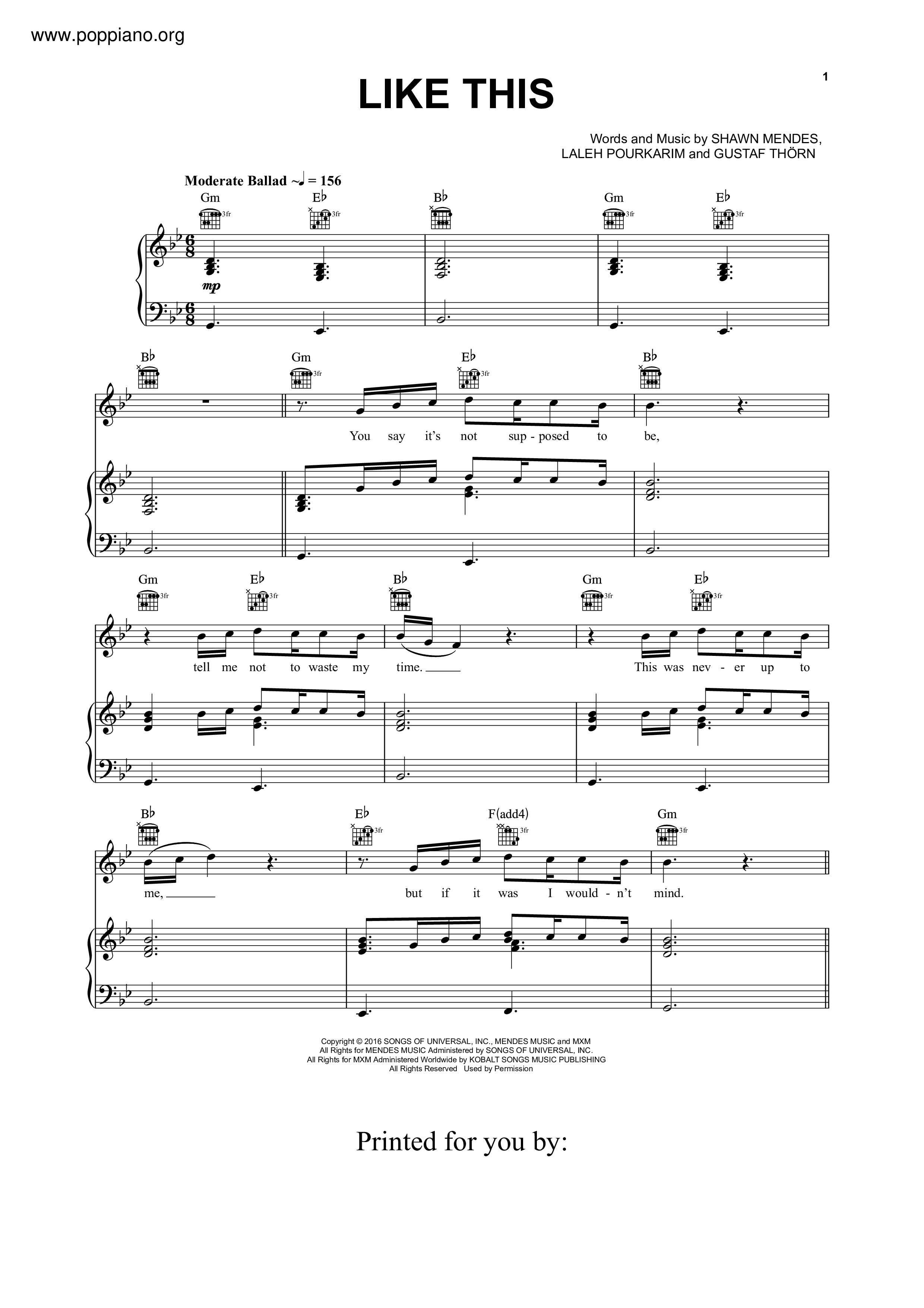 Shawn MendesLike This 琴谱/五线谱pdf香港流行钢琴协会琴谱下载 ★