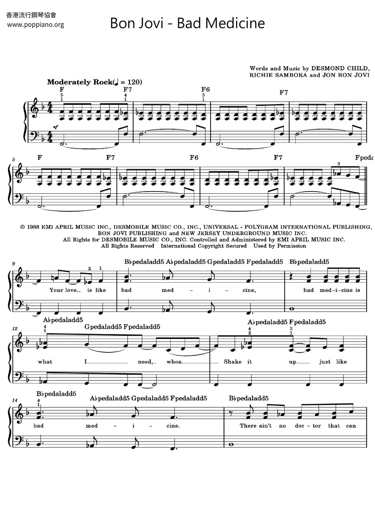 Bon JoviBad Medicine Sheet Music pdf, Free Score Download ★