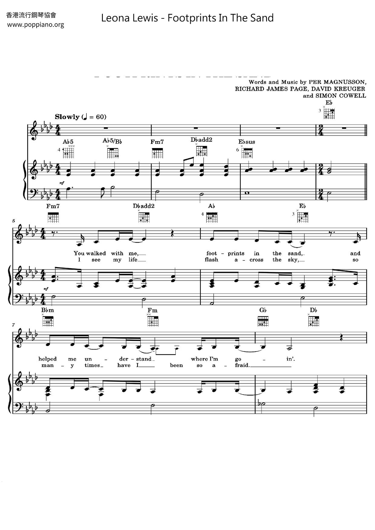 ★Leona Lewis Footprints in the Sand ピアノ譜pdf 香港ポップピアノ協会 無料PDF楽譜ダウンロード