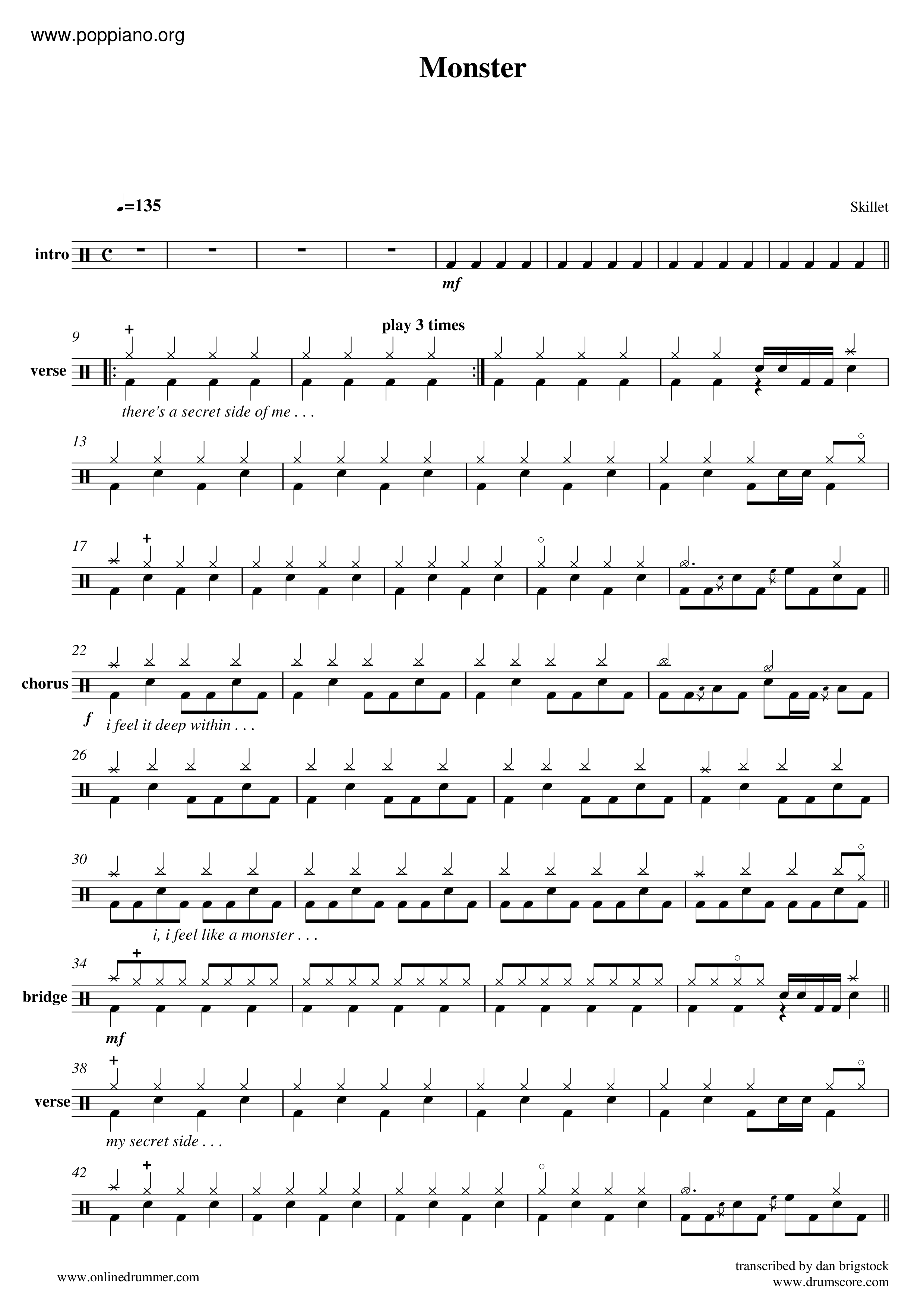 SkilletMonster Drum Tab pdf, Free Score Download ★