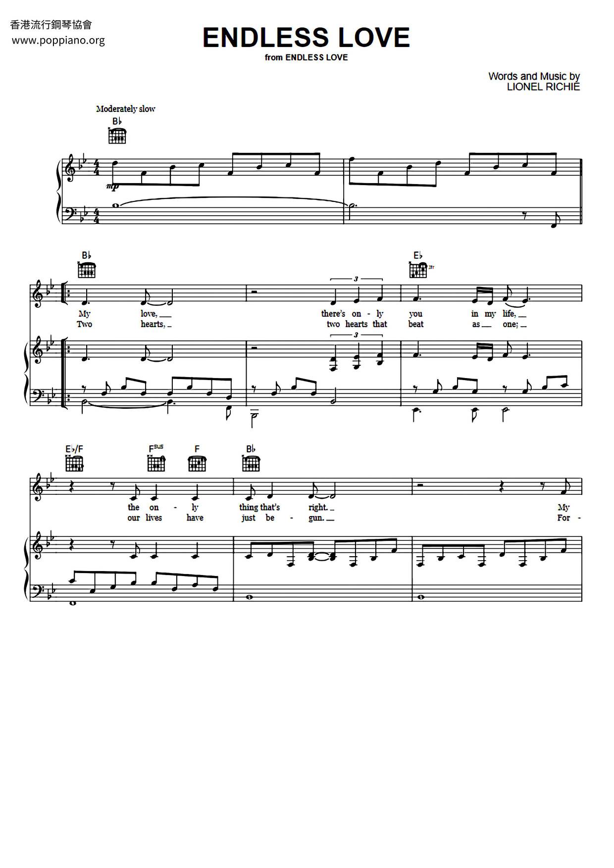 ★Lionel Richie, Diana Ross Endless Love ピアノ譜pdf 香港ポップピアノ協会 無料PDF楽譜