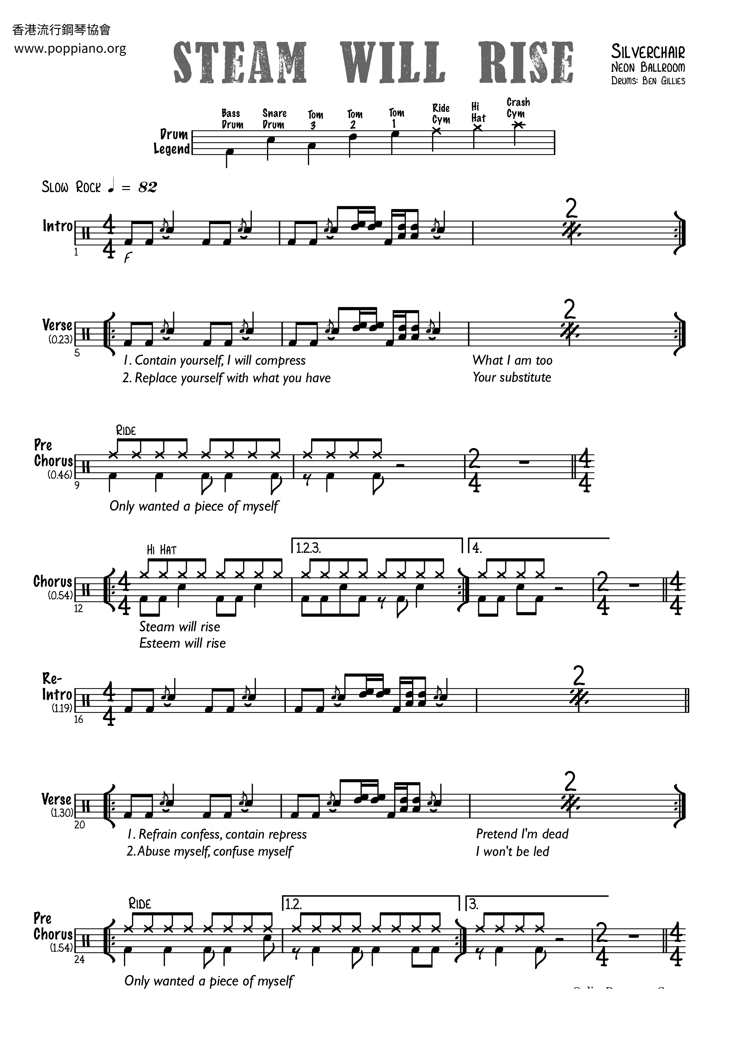 ★Silverchair Steam Will Rise ドラムスコアpdf 香港ポップピアノ協会 無料PDF楽譜ダウンロード gakufu