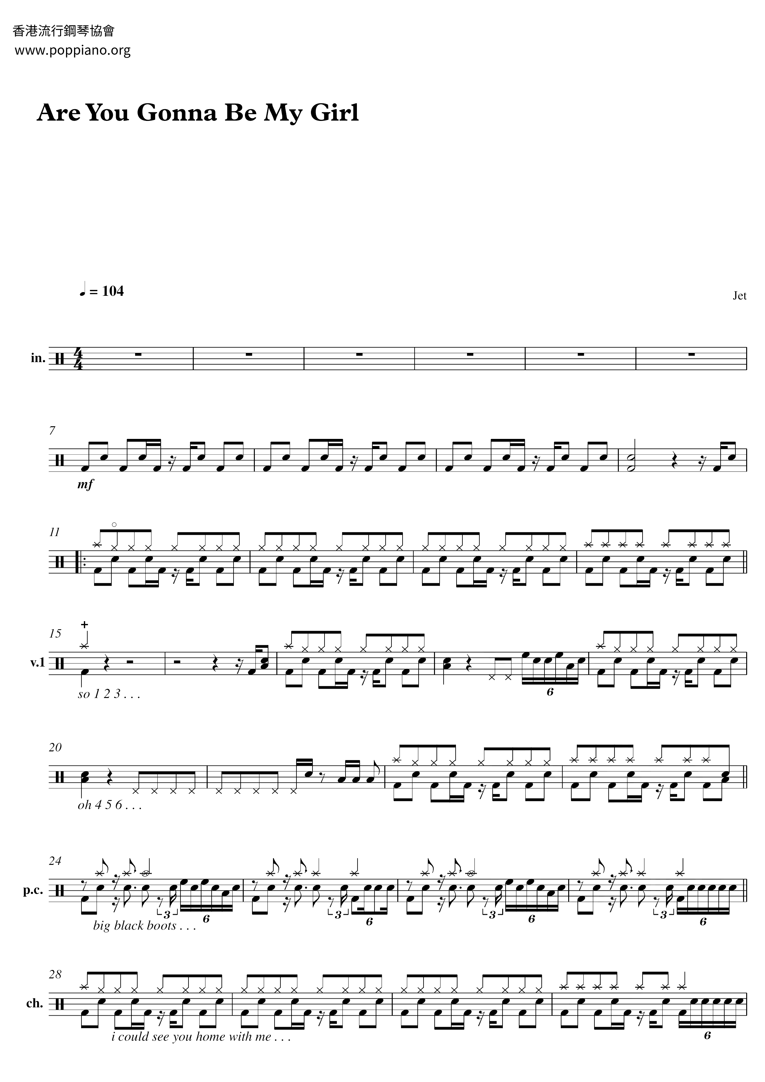 JetAre You Gonna Be My Girl Drum Tab pdf, Free Score Download ★