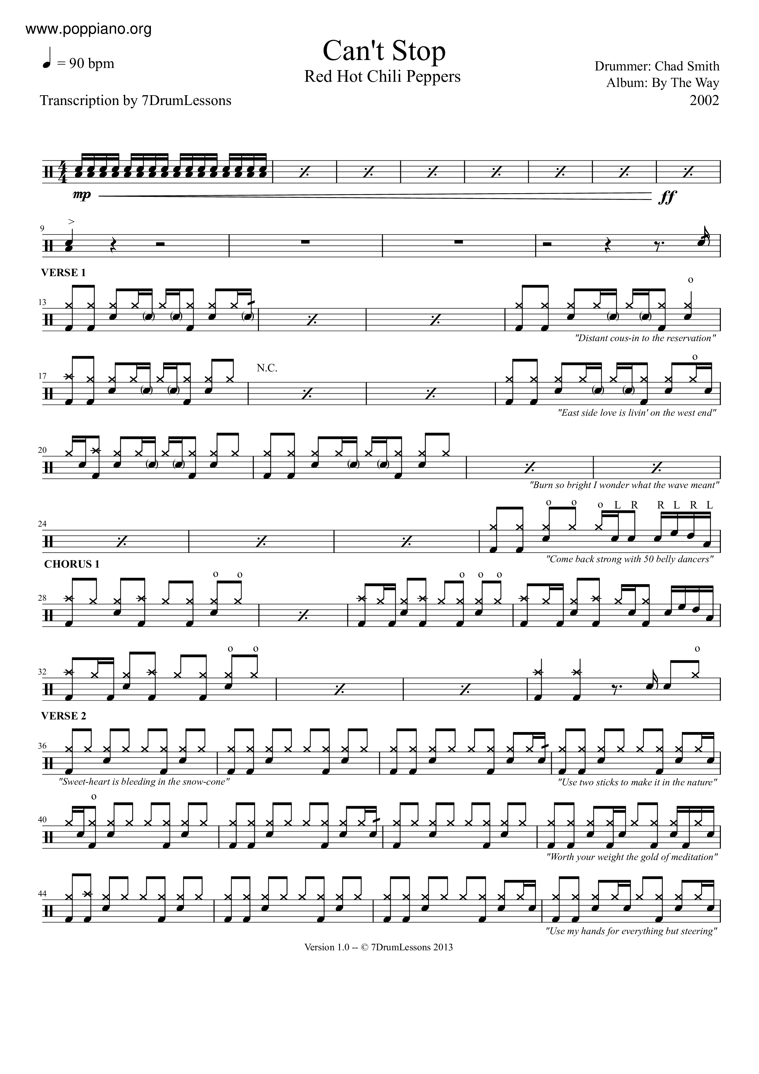 ★Red Hot Chili Peppers Can't Stop ドラムスコアpdf 香港ポップピアノ協会 無料PDF楽譜ダウンロード